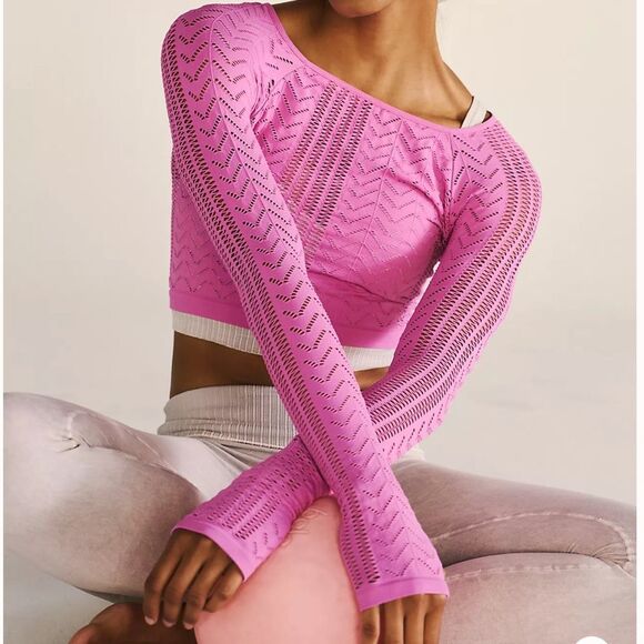 Free People Perforation Nation Long Sleeve Top in Pink Size XL NWOT - Picture 7 of 11